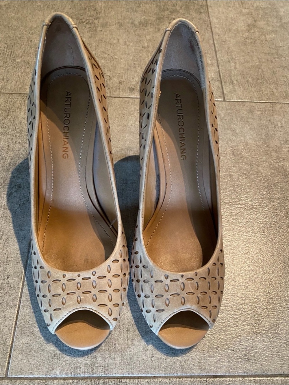ARTURO CHIANG Taupe Laser-Cut Peep-Toe Suede Pumps